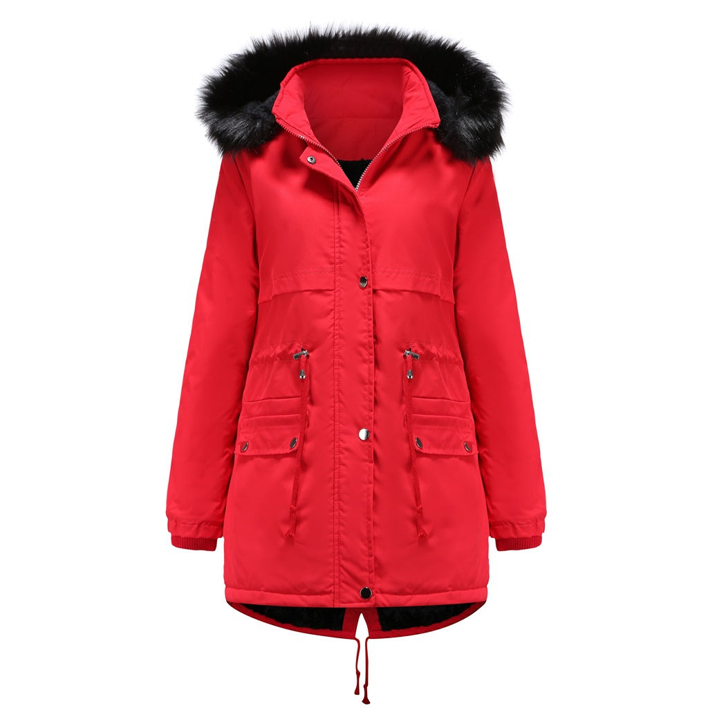 Autumn And Winter Women's Clothing Large Fur Collar Cotton Coat Women's Fleece-lined Thickened Detachable Hat Warm Coat