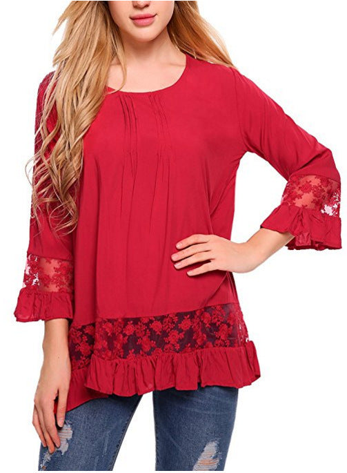 Silk Long Sleeve T-shirt Elegant Lace Embroid