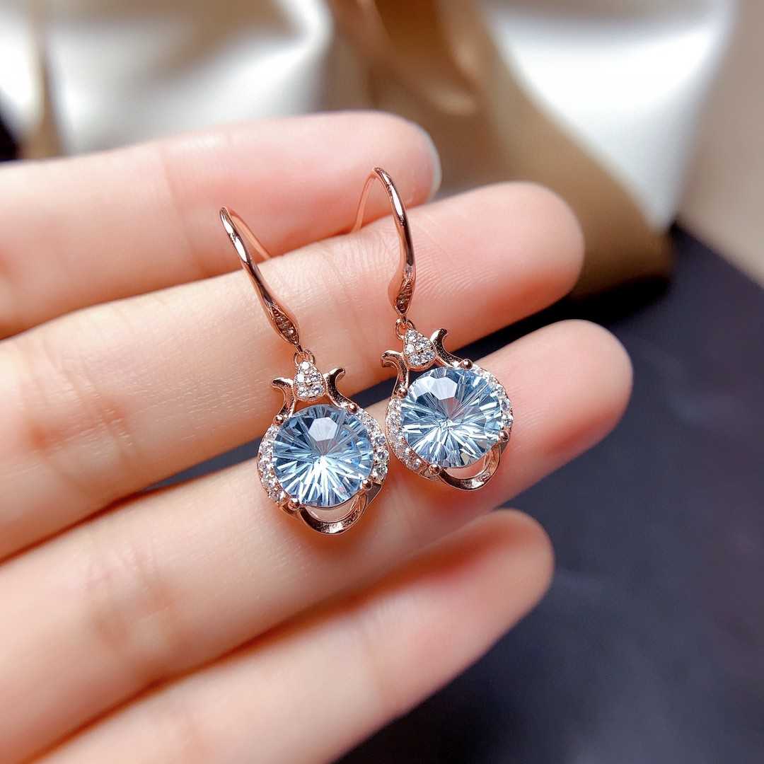 Natural Sky Blue Topaz Set Female Firework Cut Ring Pendant Earrings