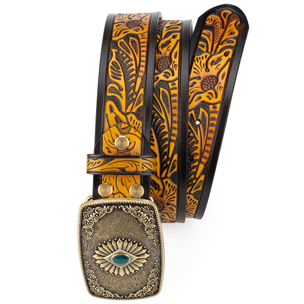 Bronze Pattern Buttoned Tang Grass Embossed Leather Belt