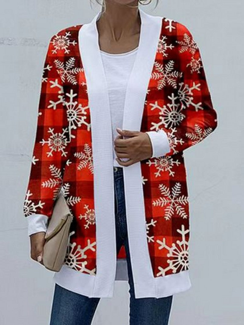 Women's Christmas Print Contrast Design Long Sleeve Cardigan