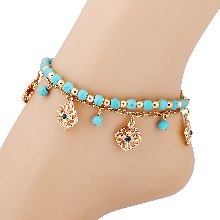 Turquoise Hollow Rose Flower Pendant Tassel Two-piece Combination Anklet