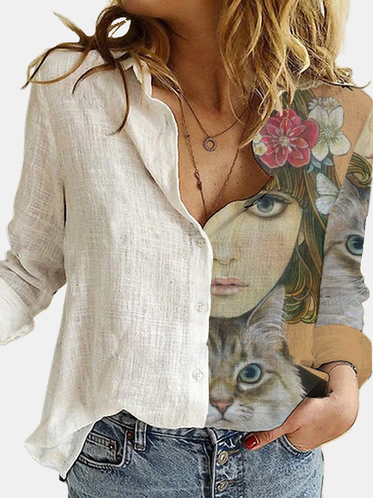 Loose Slub Cotton Gradient Digital Printing Long-sleeved Shirt