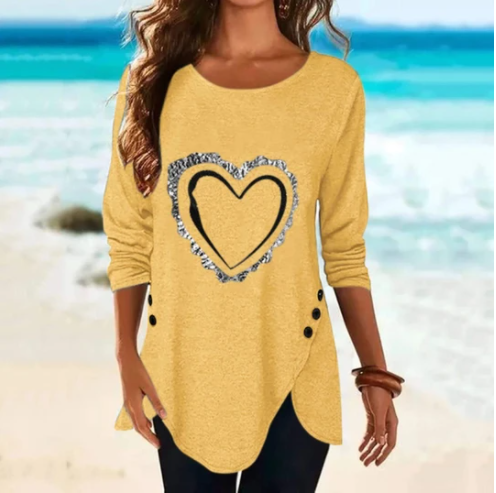 Irregular Long-sleeved Button T-shirt With Love Print