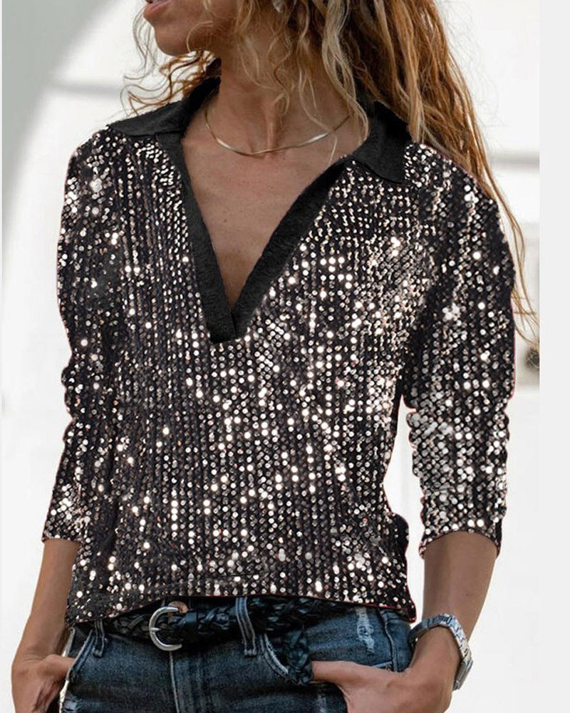 Women's Fashion Gorgeous Sequins V Neck Slim Long Sleeve Casual Top Women