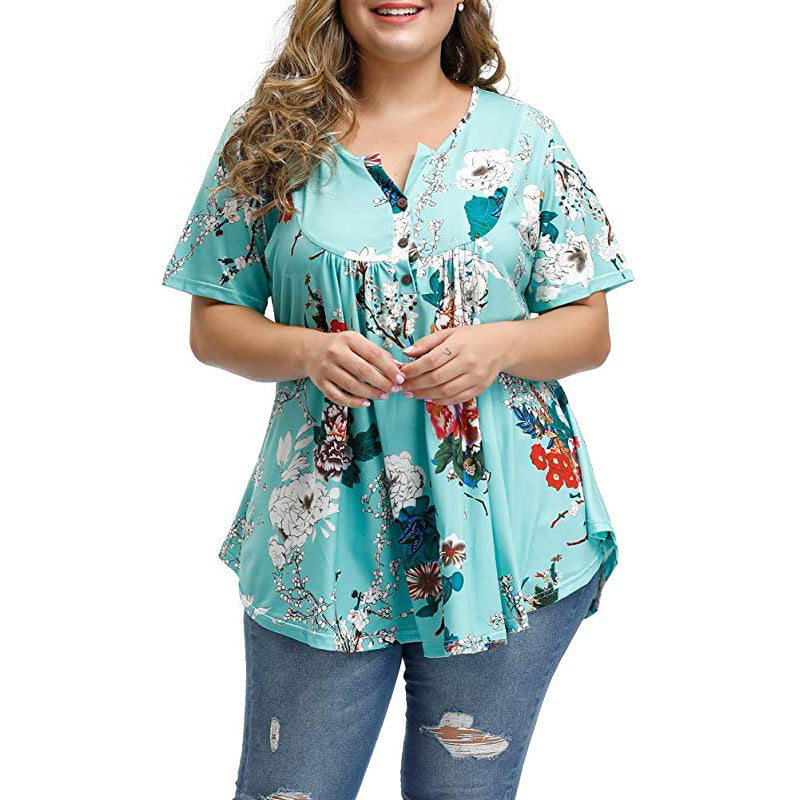 New Ladies V-Neck Button Plus Size Printed Short Sleeve Top