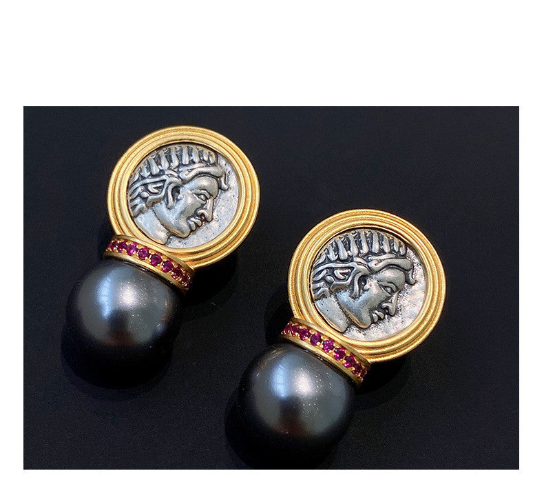 Retro Light Luxury Ancient Greek Sun God Pearl Stud Earrings