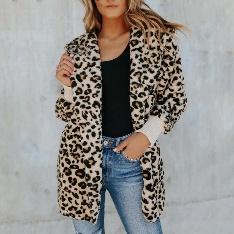 Women's Fashion Slim Leopard Print Hooded Coat