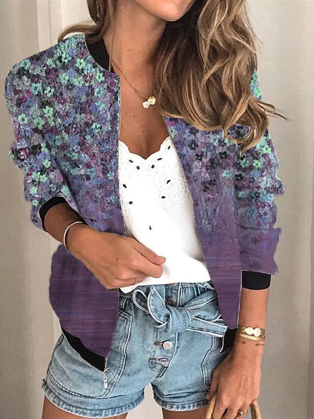 Women's Zipper Short Floral Long-sleeved Jacket Plus Size Clothing