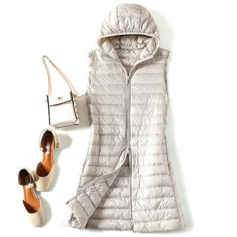 Hooded Down Vest Women's Sports Lightweight Mid-length Waistcoat Down Jacket