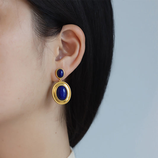 Retro Earrings Hong Kong Style High-end Ins Niche Design Natural Lapis Lazuli