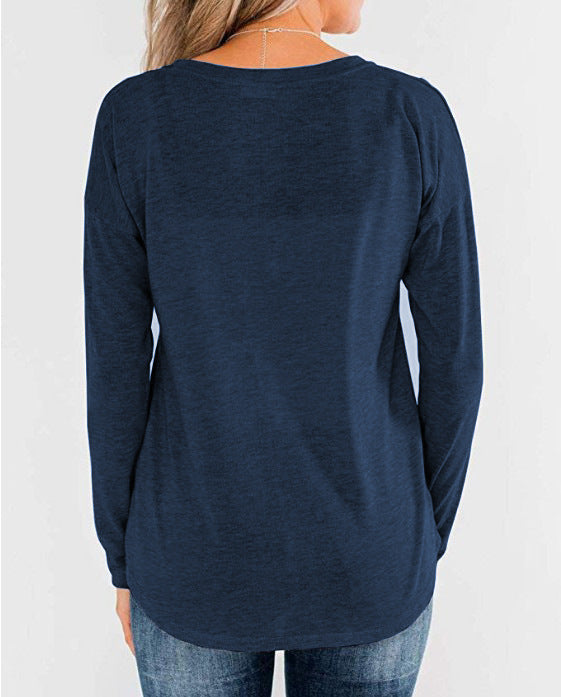 Solid Color Knitted Long Sleeved Round Neck Pullover Button Top T Shirt