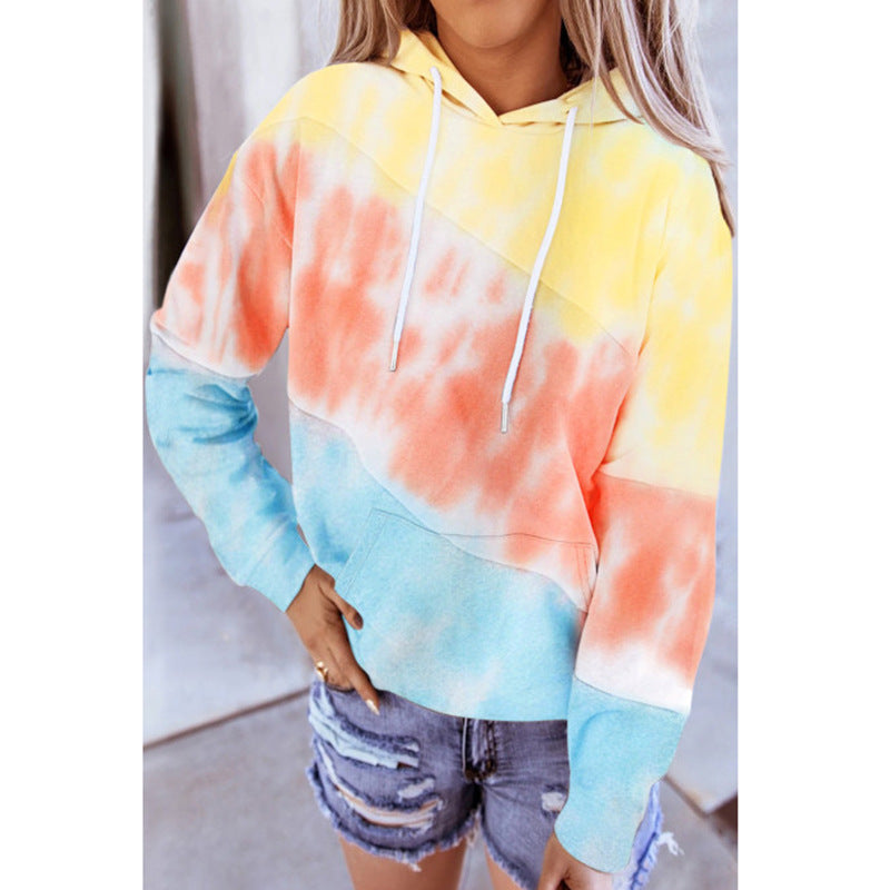 New Women's Long-sleeved Stitching Hooded Printed Sweater