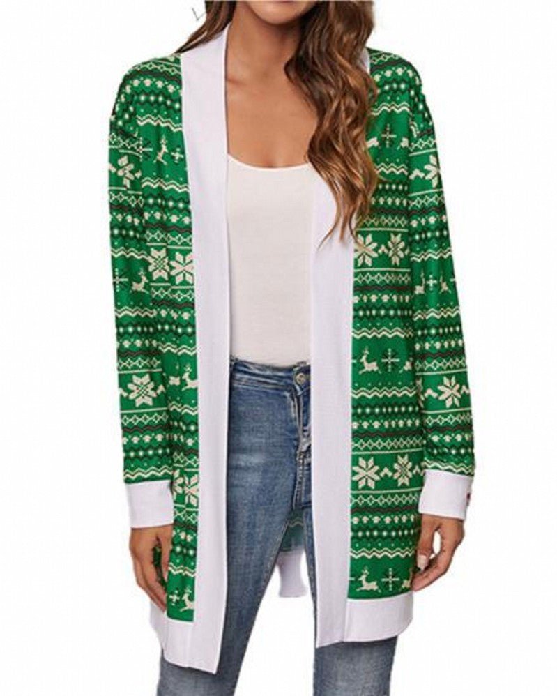 Women's Christmas Print Contrast Design Long Sleeve Cardigan