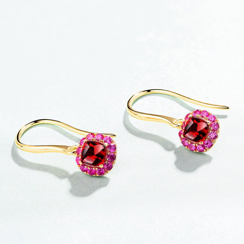 Silver Plated 9K Gold Inlaid Garnet Earrings Red Corundum