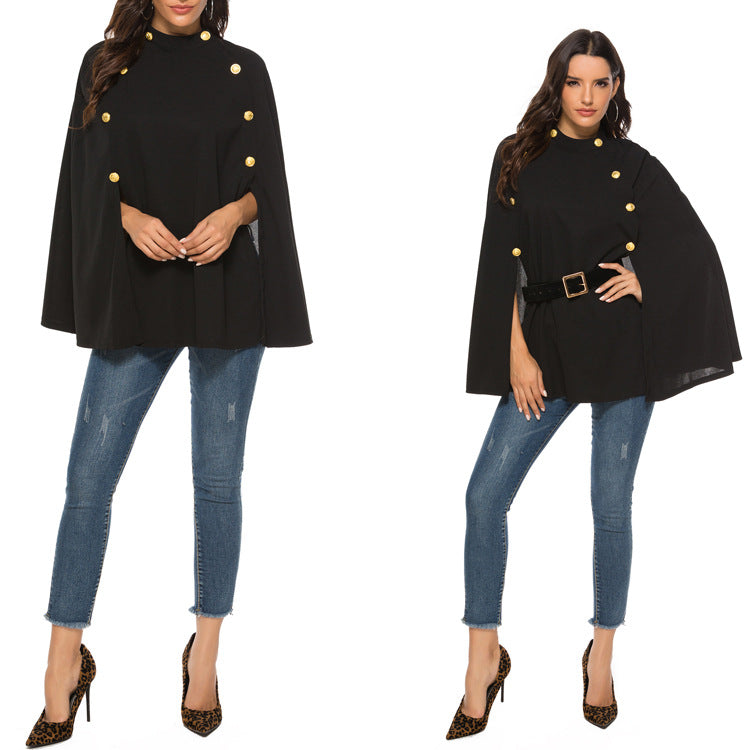 Fashion Hot Sale British Stand Collar Buttoned Sleeveless Big Swing Cloak Cape