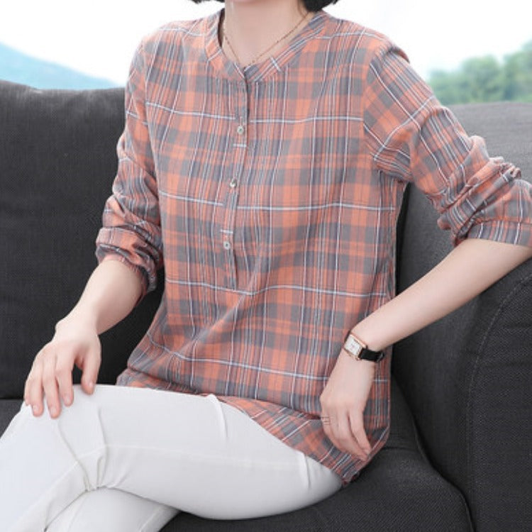 Cotton And Linen Plus Size Plaid Women's Shirt