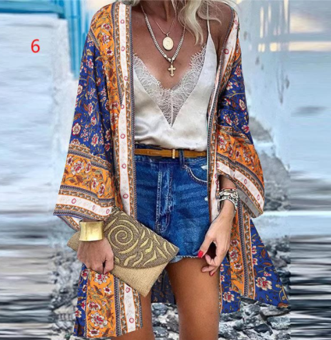 Casual Resort Doll Sleeve Cardigan Print Top Cardigan