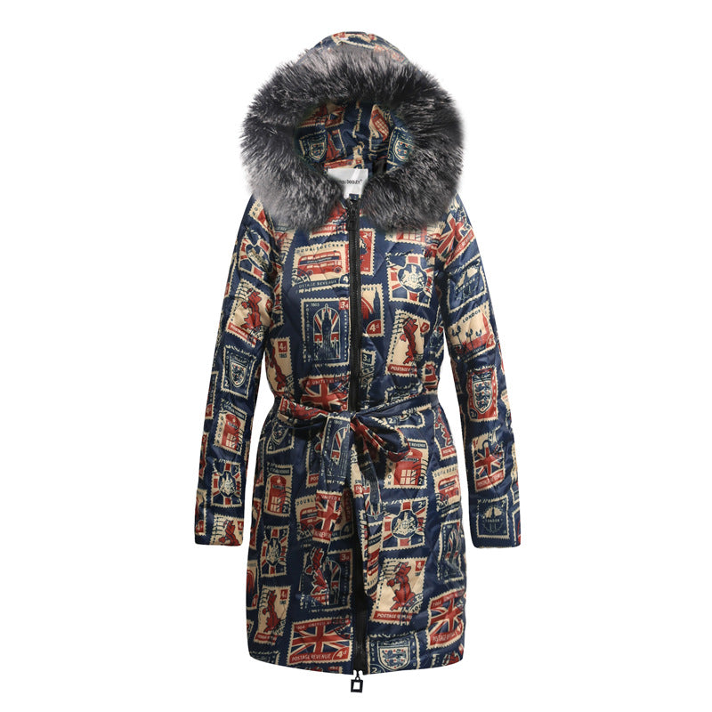 Long Plus Size Printing Retro Hooded Padded Jacket