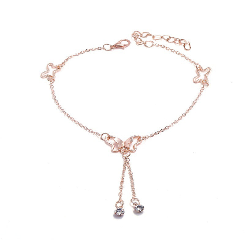 Temperament Butterfly Double Diamond Tassel Rose Gold Anklet