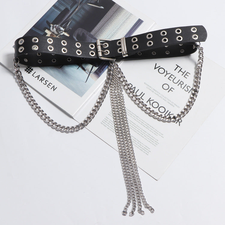 Fashion All-match Black Belt Tassel Chain Double Row Perforated Hundred Matching Waist Seal