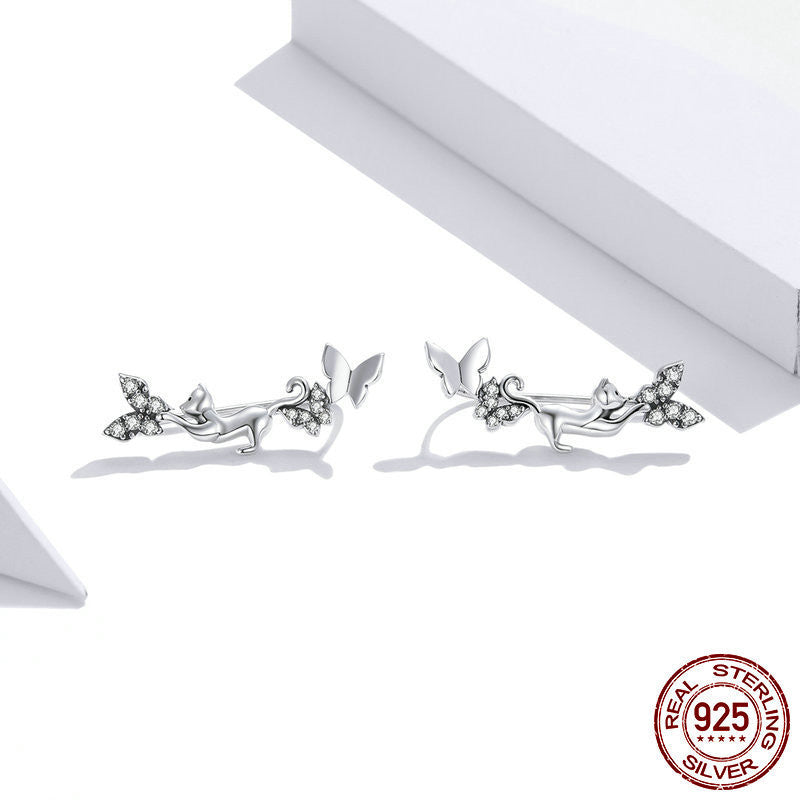 Women's Silver Cat Butterfly Zircon Earrings