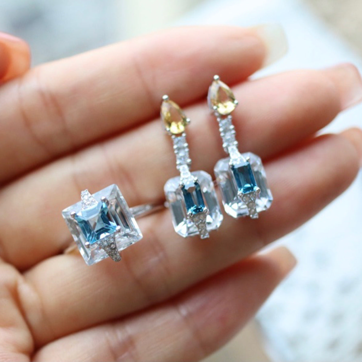 S925 Silver And Yellow And White Crystal Earrings