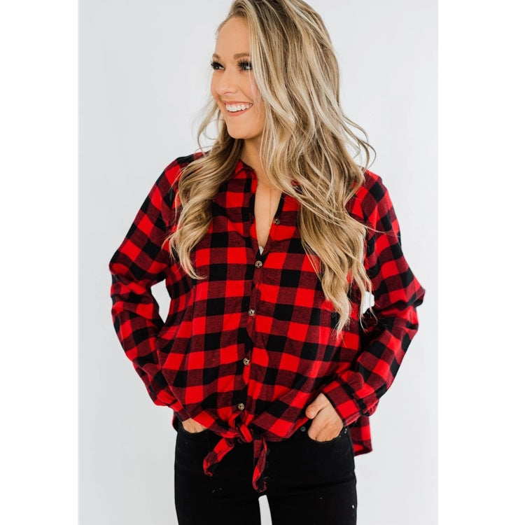 Loose Plaid Tie Knot Long-sleeved Cardigan Shirt