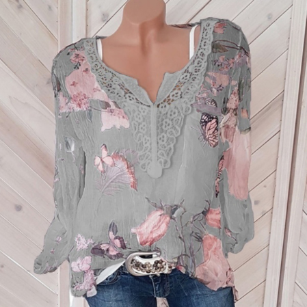 European And American Long-sleeved Printed Shirt V-neck Lace Chiffon Shirt