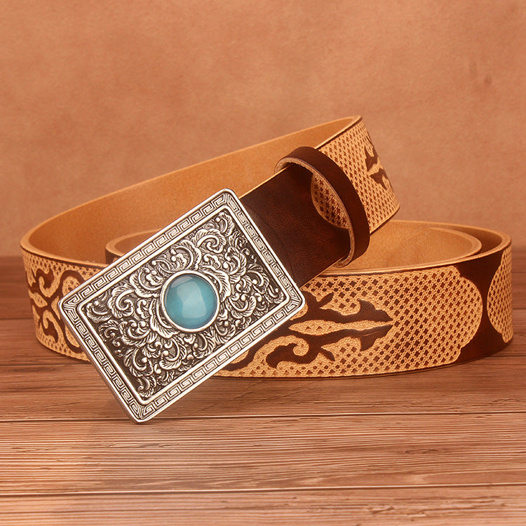 Ethnic Style Carved Leather Belt Head Layer Cowhide Personality Smooth Buckle