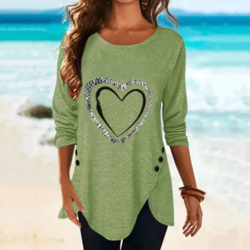 Irregular Long-sleeved Button T-shirt With Love Print