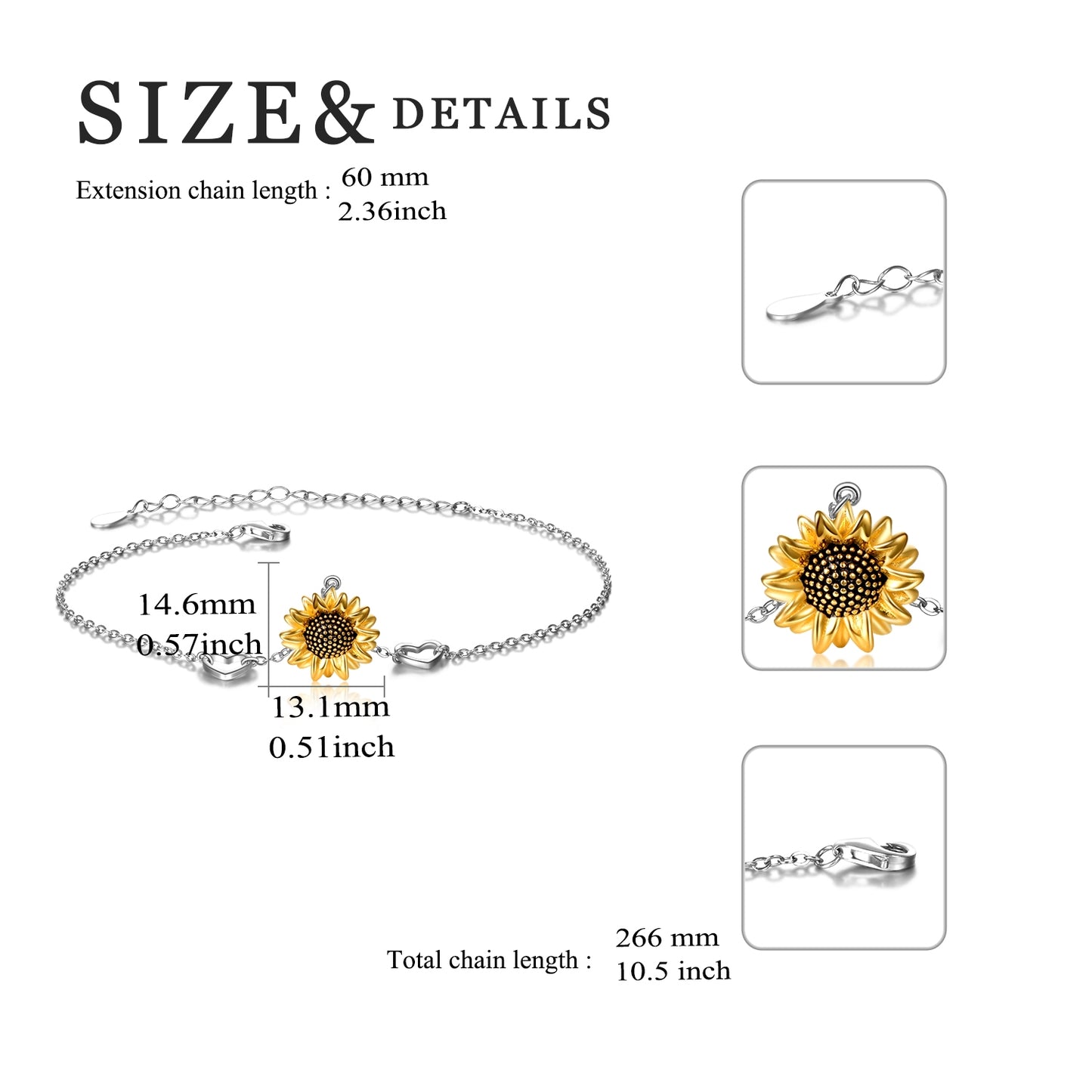 Sterling Silver Two-tone Sunflower Anklet Double Heart Rolo Chain