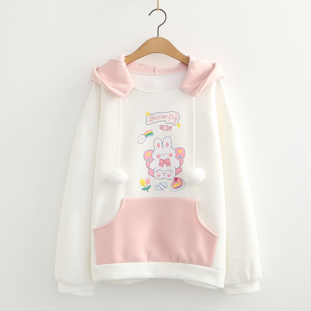 Student Sweet Plus Velvet Sweater Women's Hooded Fur Ball Print Cartoon Rabbit