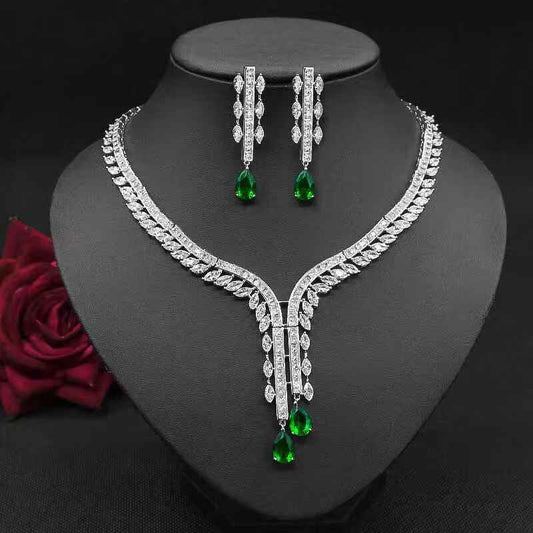 Water Drop Zircon Necklace Jewelry Set Flower Earrings Two-Piece Set