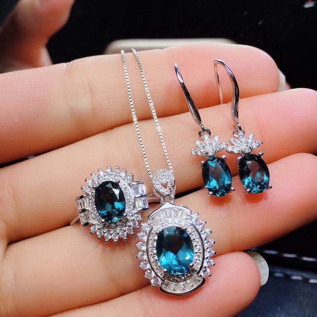 Blue Topaz Ring Pendant Earring Set Crystal S925 Silver Inlay