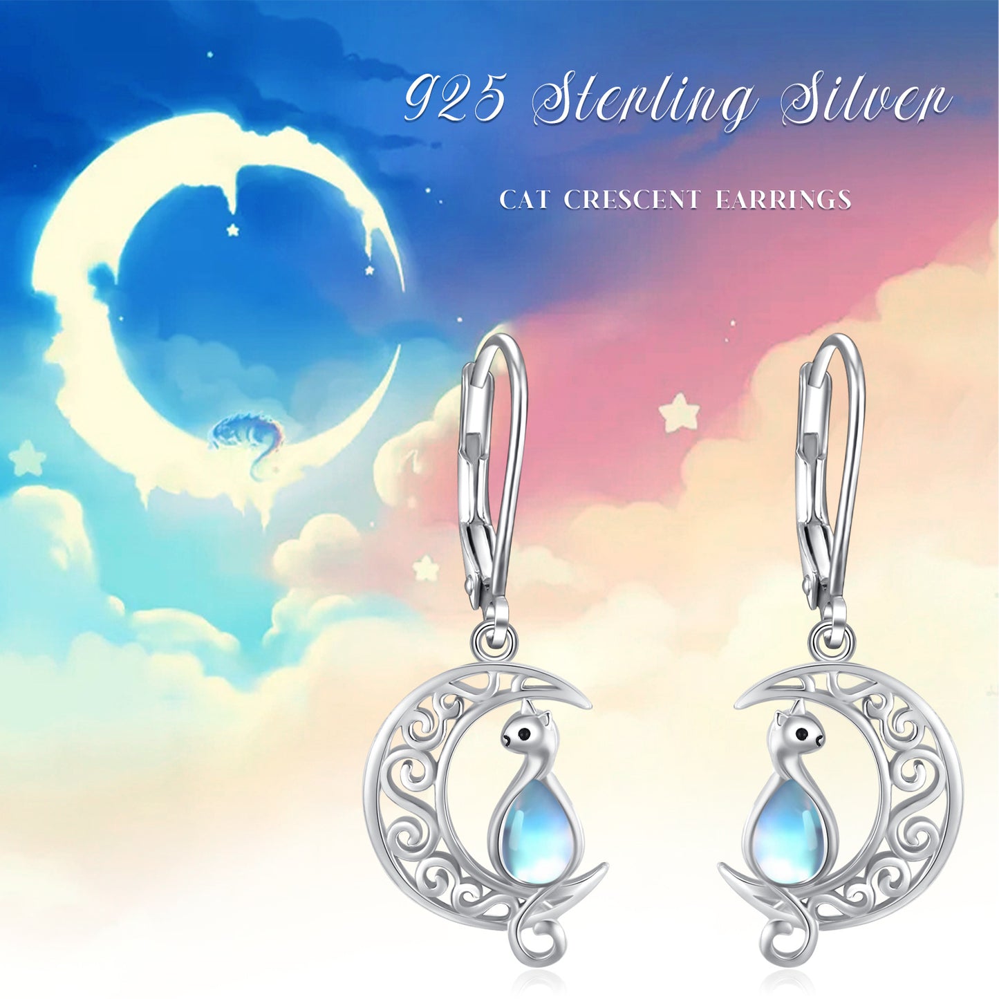 Moon Cat Earrings for Women Hypoallergenic 925 Sterling Silver Crescent Cat Drop Dangle Earrings Moon Cat Hook Earrings for Mom