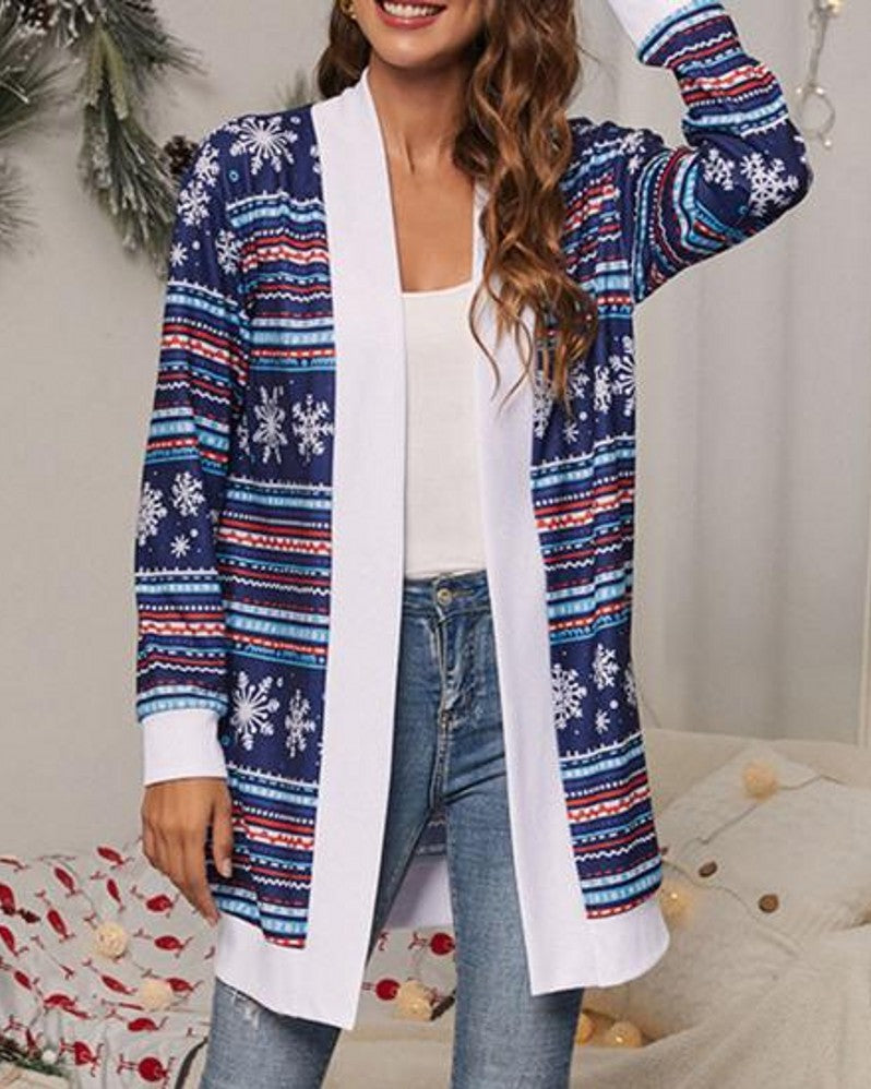 Women's Christmas Print Contrast Design Long Sleeve Cardigan