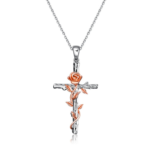 Sterling Silver Rose Gold Plated Religious Cross Pendant Necklace with Rose Flower Jewelry