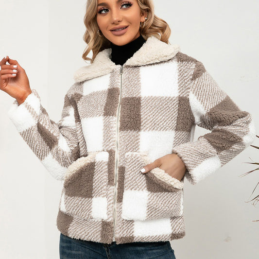 Plaid Plush Lapel Coat Lamb Fur Check Pocket Jacket Women