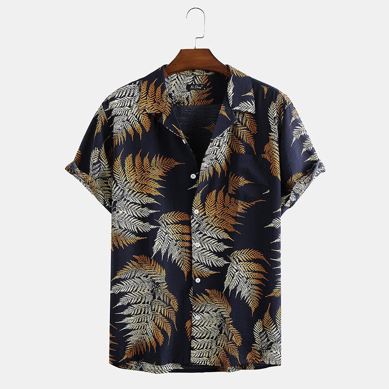 New Hawaiian Men's Cardigan Cotton Linen European And American Men's Shirt Printed Short Sleeve Shirt