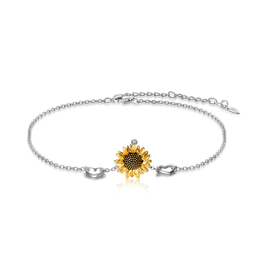 Sterling Silver Two-tone Sunflower Anklet Double Heart Rolo Chain