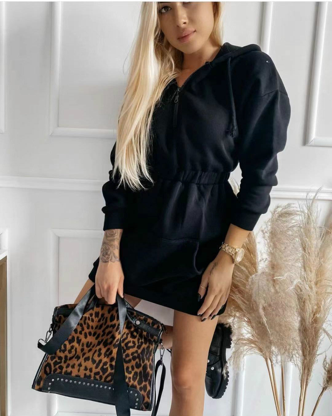 Casual Fashion Street Waistband Cap Long Sweater Dress