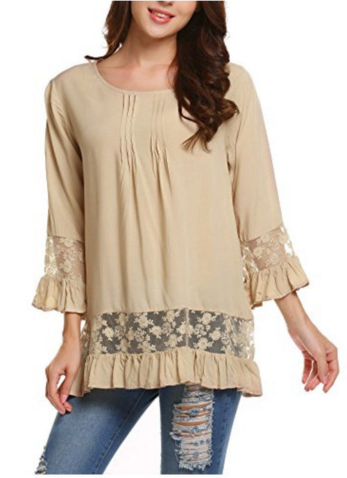 Silk Long Sleeve T-shirt Elegant Lace Embroid