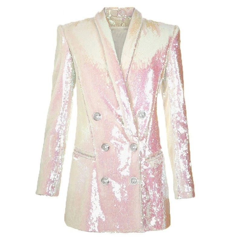 Ladies Sequin Double Breasted Long Suit Jacket High