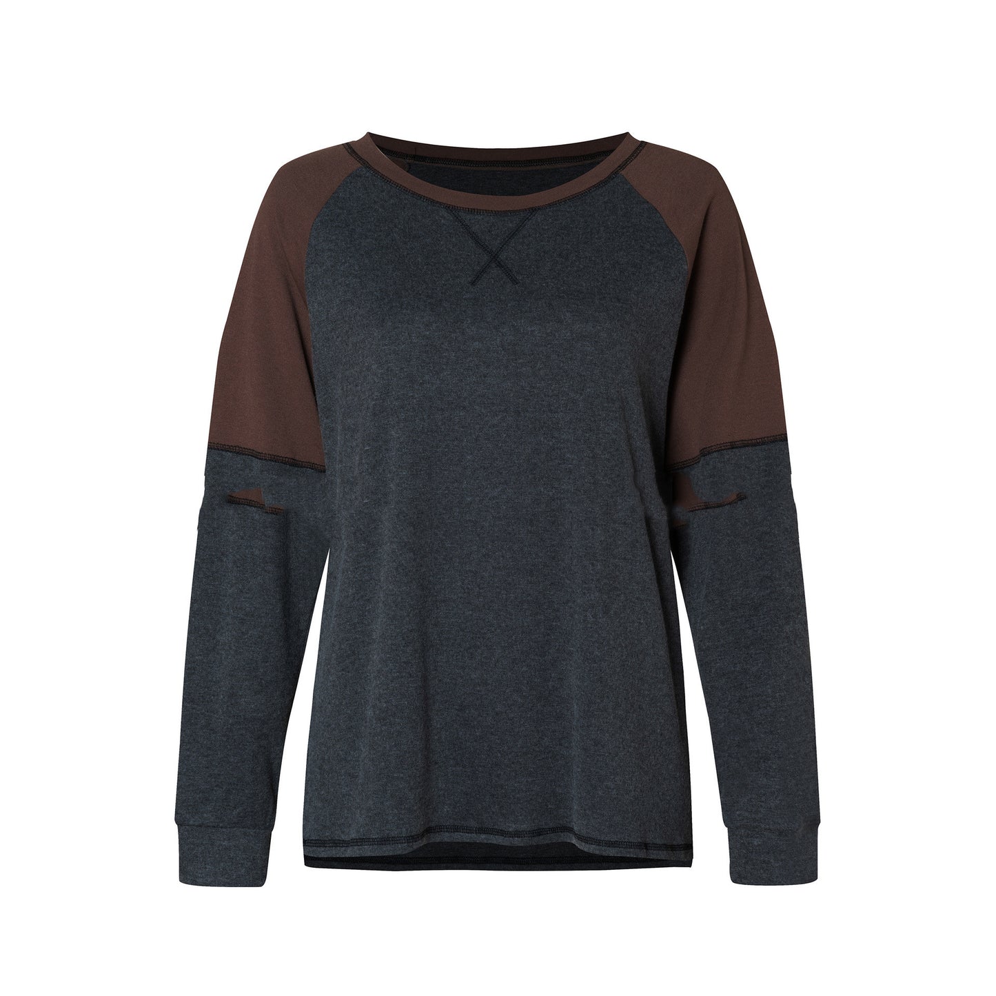 Long Sleeve Stitching Round Neck Casual T-shirt Loose Ladies Top