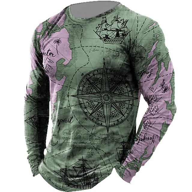 Men's Nautical Compass Pattern Crewneck Long Sleeve T-shirt Loose Sailing Enthusiast Long T