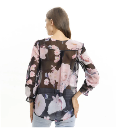 European And American Long-sleeved Printed Shirt V-neck Lace Chiffon Shirt