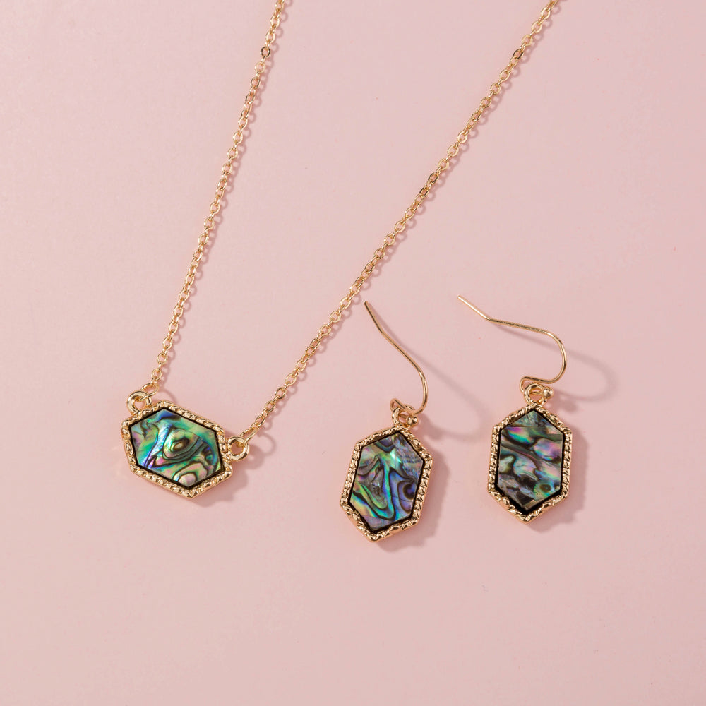 Diamond-shaped natural abalone shell necklace earrings set