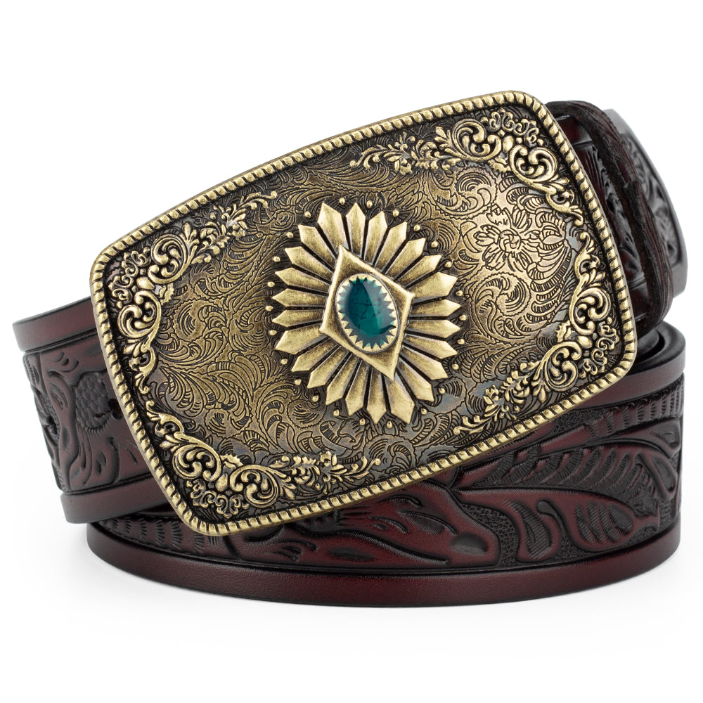 Bronze Pattern Buttoned Tang Grass Embossed Leather Belt