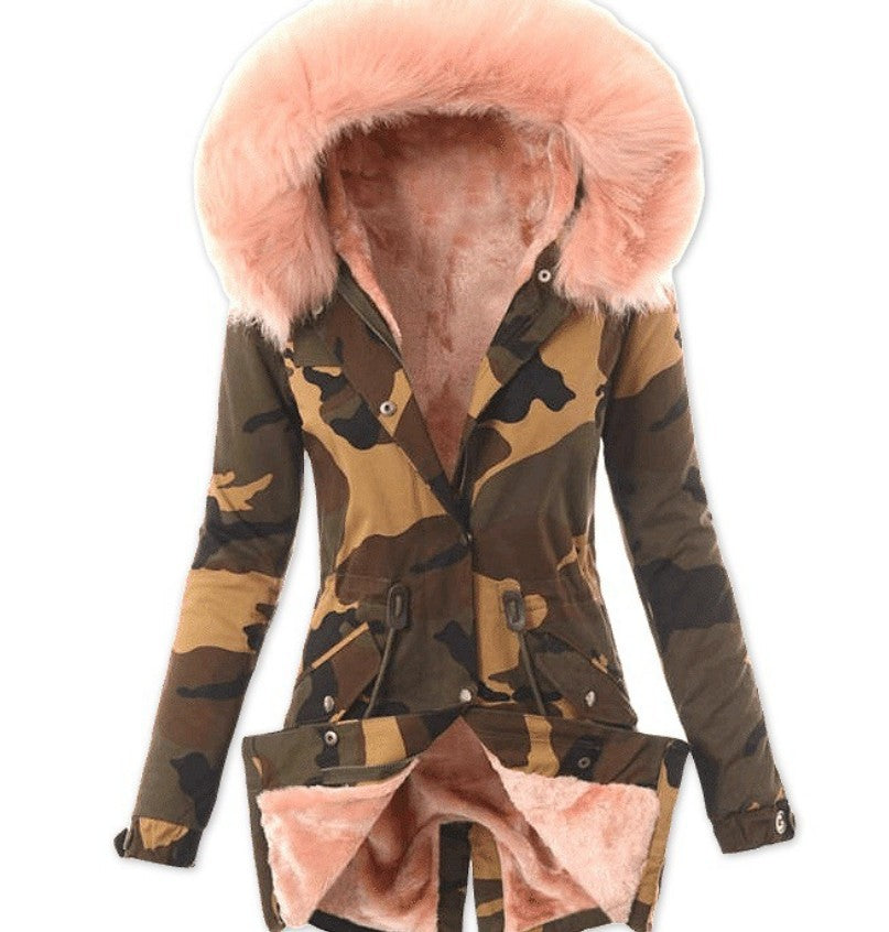 Explosion Style Hot Sale Ladies Fur Collar Drawstring Camouflage Printing